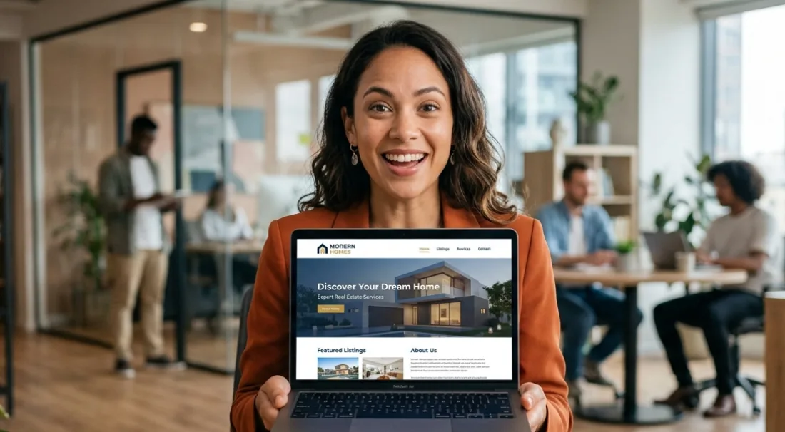 Cliente soddisfatta che mostra il proprio sito web professionale